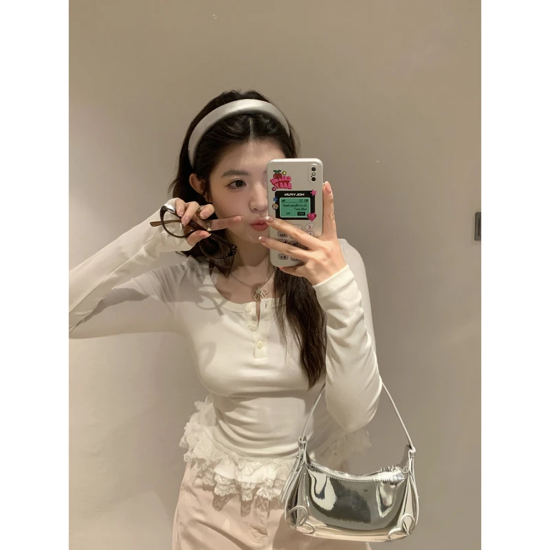 小沈美眉 蕾丝拼接假两件显瘦弹力长袖T恤春夏修身显瘦打底衫女