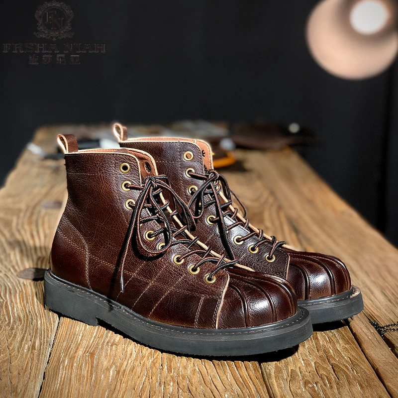 法莎尼亚贝壳头马丁靴男阿美咔叽工装靴子短脸英伦风高帮加绒短靴