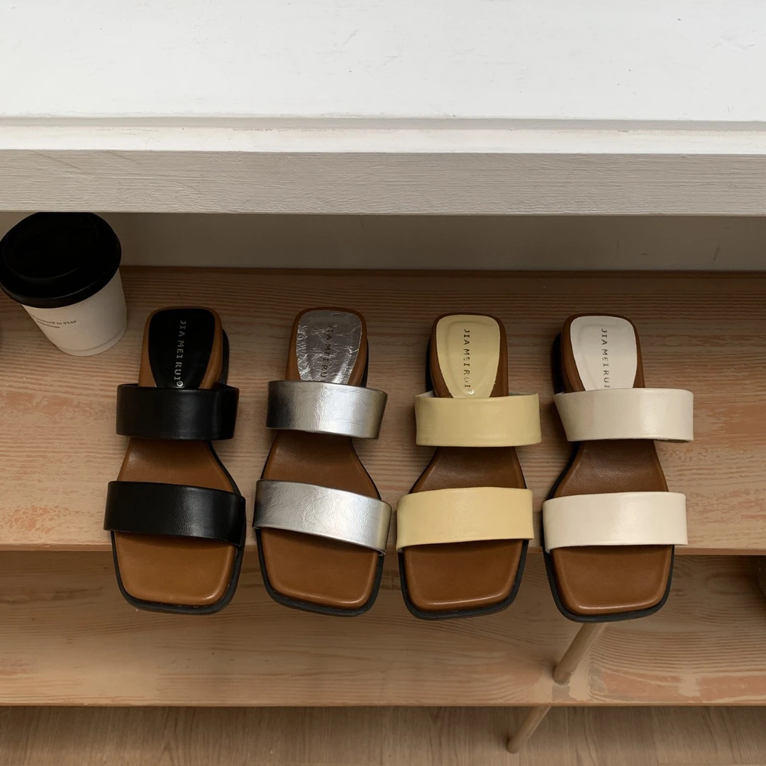 716-9~坡跟法式方头露趾凉拖鞋女鞋子黑色2025年夏季新款凉鞋时尚