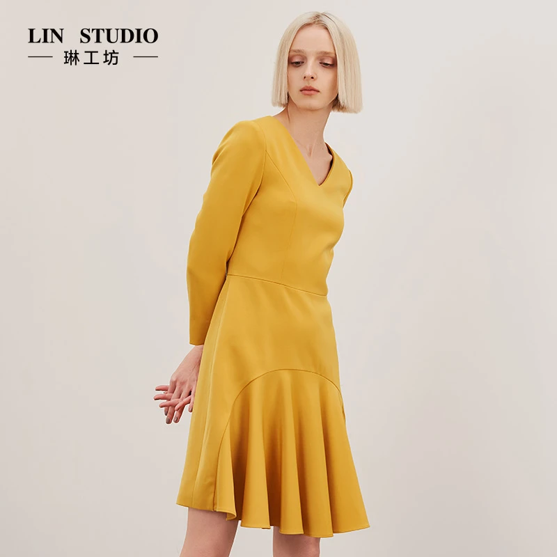 【特殊活动款 不支持退换】琳工坊黄色V领连衣裙唐琳设计师