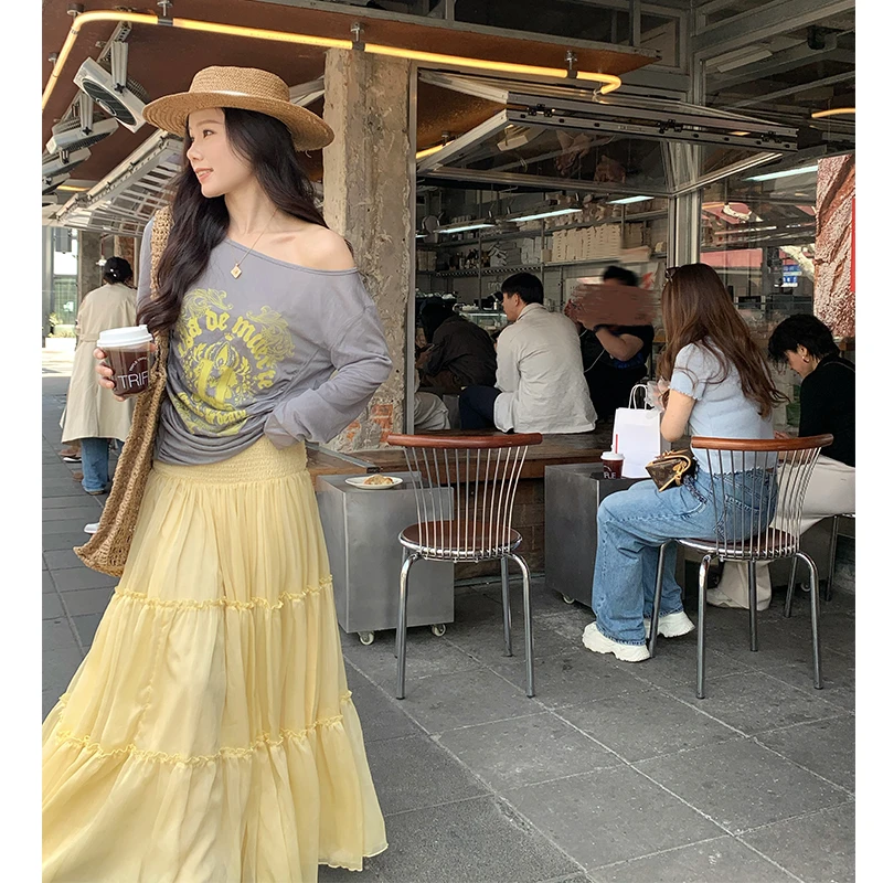 本希benxe/很特别  韩版印花露肩褶皱设计感打底长袖T恤