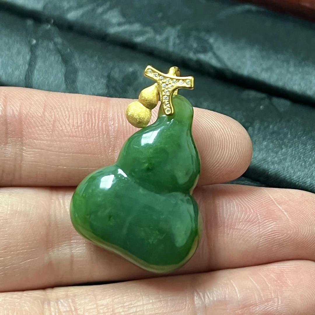 S925银天然保真碧玉葫芦吊坠老坑料立体双福禄挂件精美厚实设计款