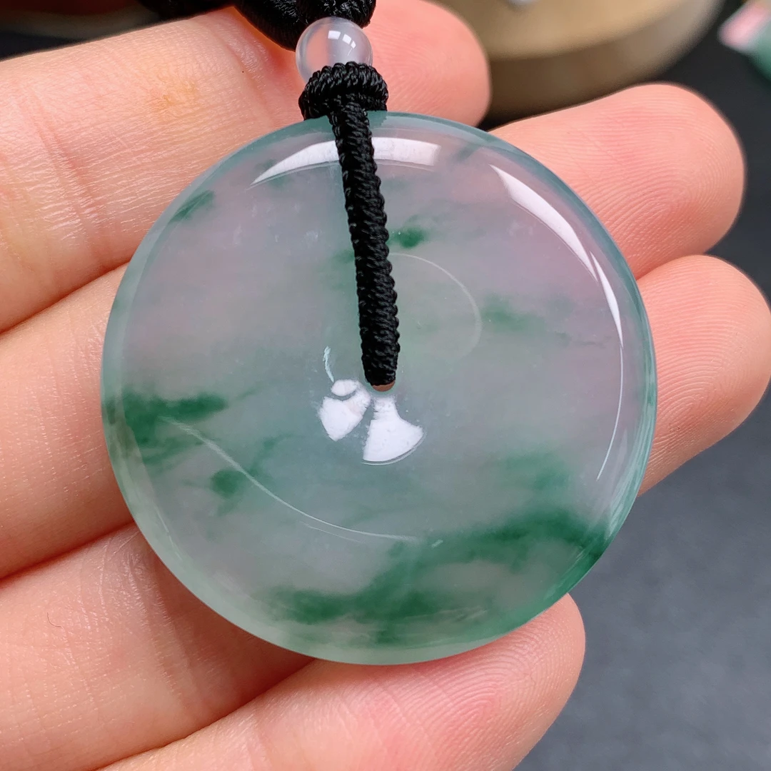 天然缅甸翡翠A货冰飘花平安扣气质精美尺寸35+6.2  643