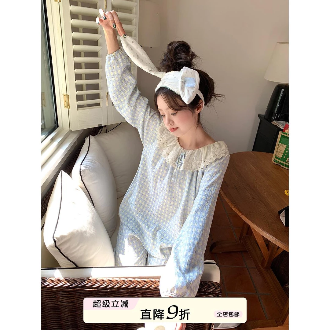 甜美碎花格子睡衣女春秋款娃娃领外穿家居服套装
