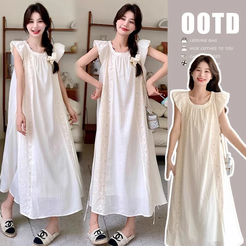 【枫丽】2025春夏新款孕妇蕾丝拼接小飞袖连衣裙法式温柔风甜美减龄