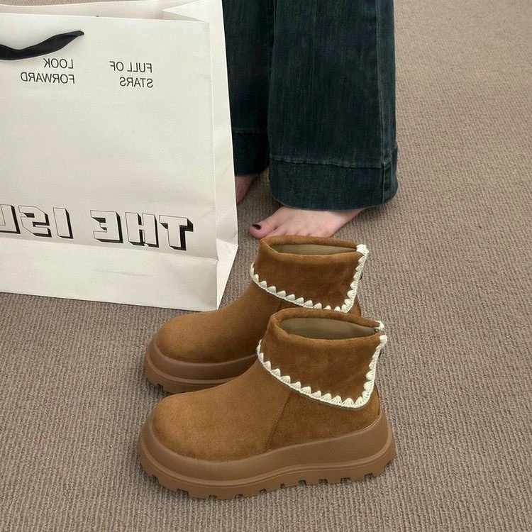 卡其色短靴女春季增高厚底马丁靴粗跟机车靴弹力瘦瘦靴两穿牛仔靴