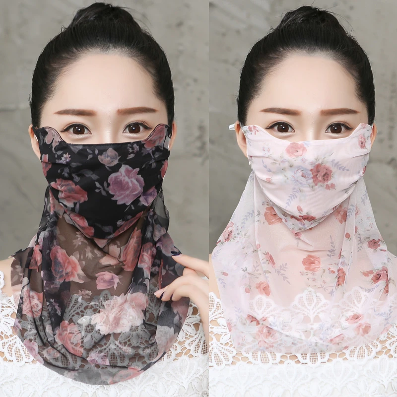 夏季防晒冰丝口罩面纱护脖子小丝巾两用透气可清洗印花淑女薄款