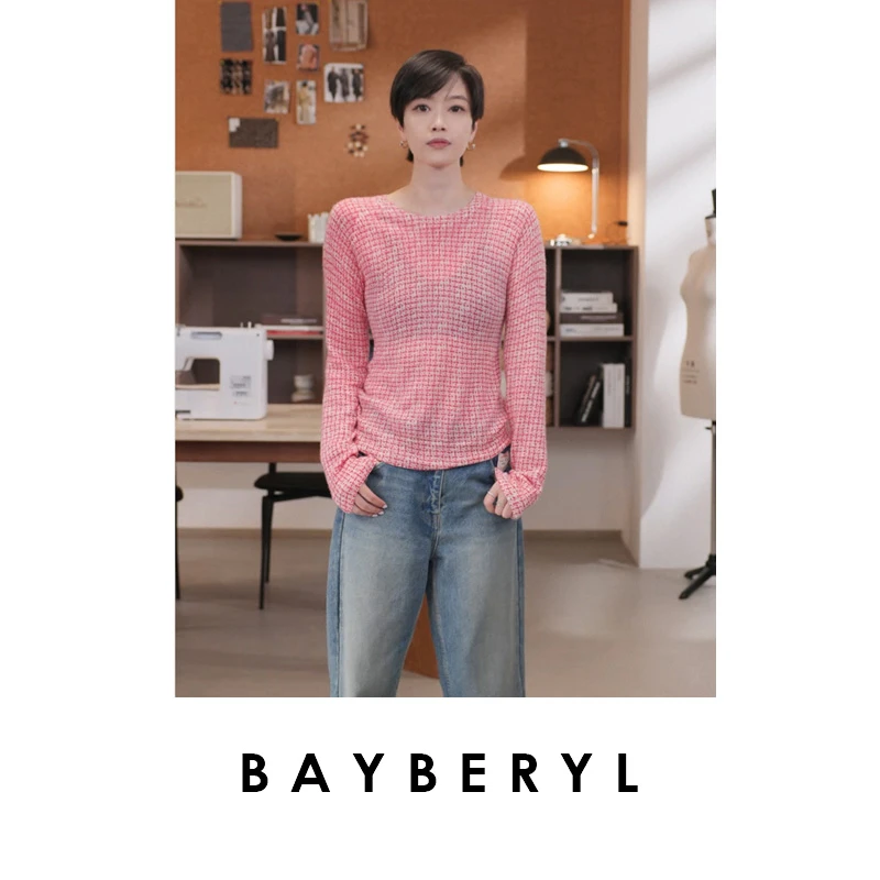 BAYBERYL老贝红格时尚细腻柔软羊绒圆领25秋针织衫ZZS5E1501-8/3