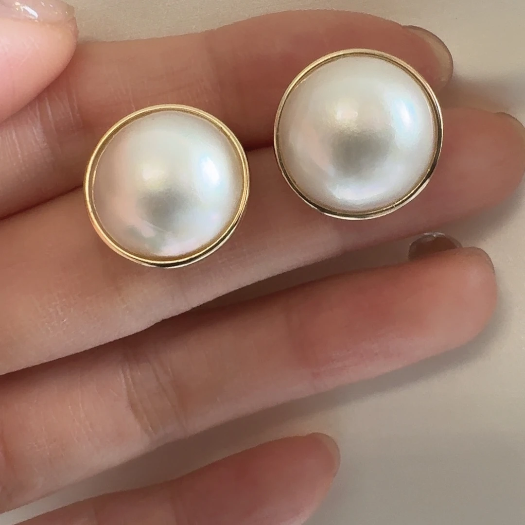 拼合珍珠（马贝珠）耳饰银S925镶嵌15-16mm白