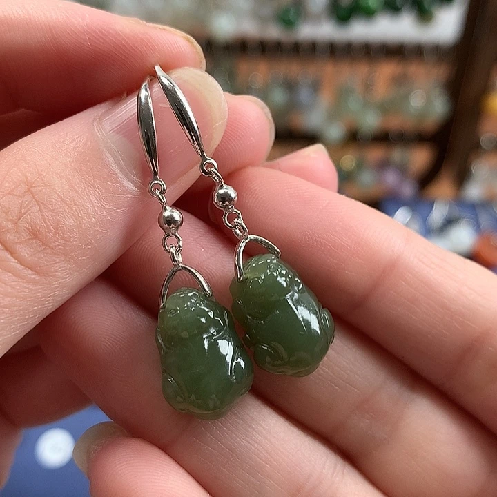 和田玉银S925镶嵌耳饰貔貅耳环