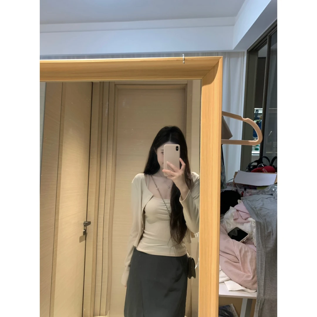 春季新款简约休闲辣妹背心吊带长袖开衫休闲上衣