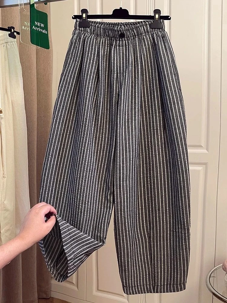 泡泡纱轻薄慵懒松弛条纹弯刀裤男女春秋特大码300斤阔腿休闲裤子