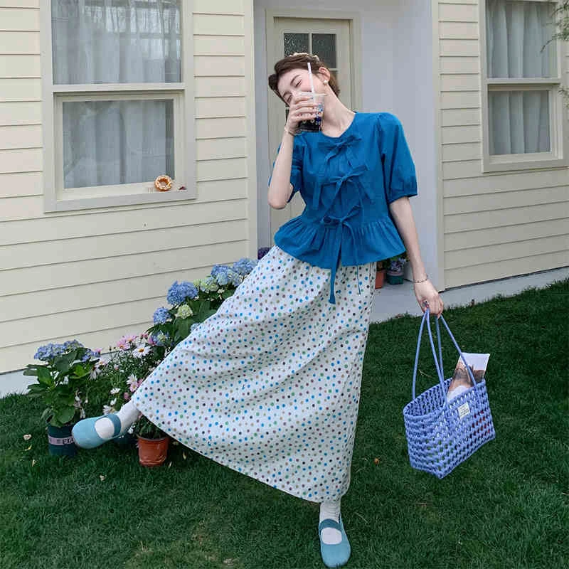 2025夏季新款韩版百搭圆领蝴蝶结短袖衬衫搭配波点半身裙女两件套