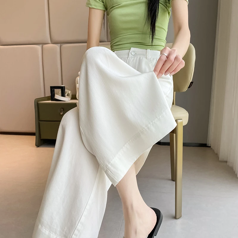 九分天丝莱赛尔裤子女夏薄款高腰垂感高级感小个子白色冰丝阔腿裤