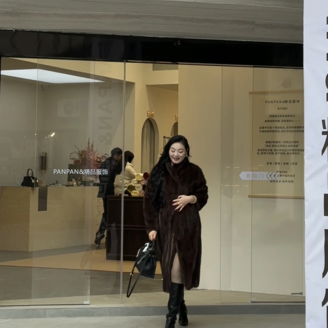 人造皮草 咖啡深棕色全抽工艺小母貂长款通勤风皮草外套秋冬保暖