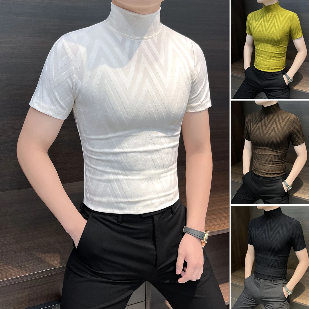 提花短袖男t恤春夏季2025新款爆款潮牌男装半高领条纹男士打底衫