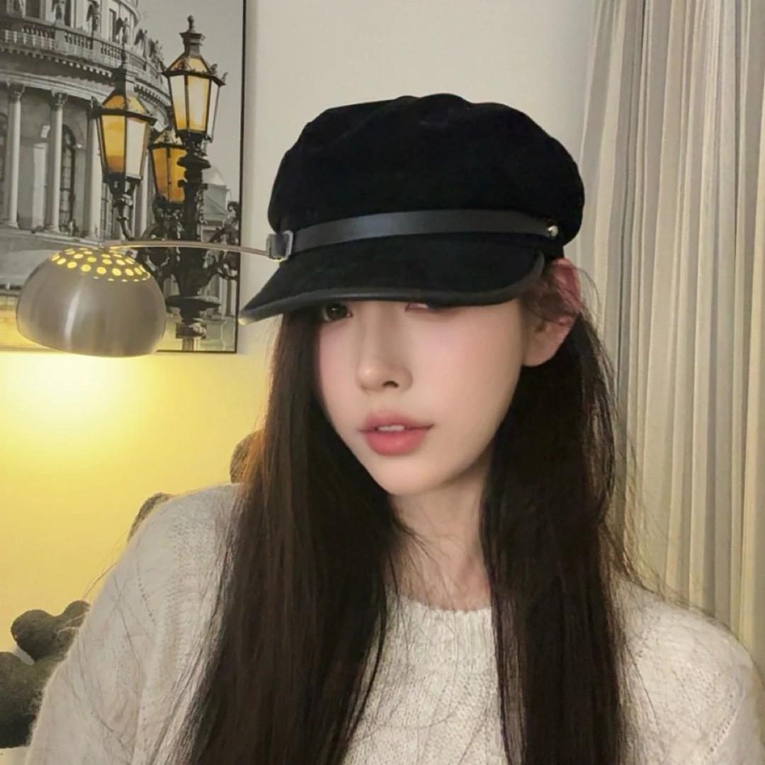 2025贝雷帽秋冬帽子日系显脸小八角帽渔夫帽毛呢复古黑色