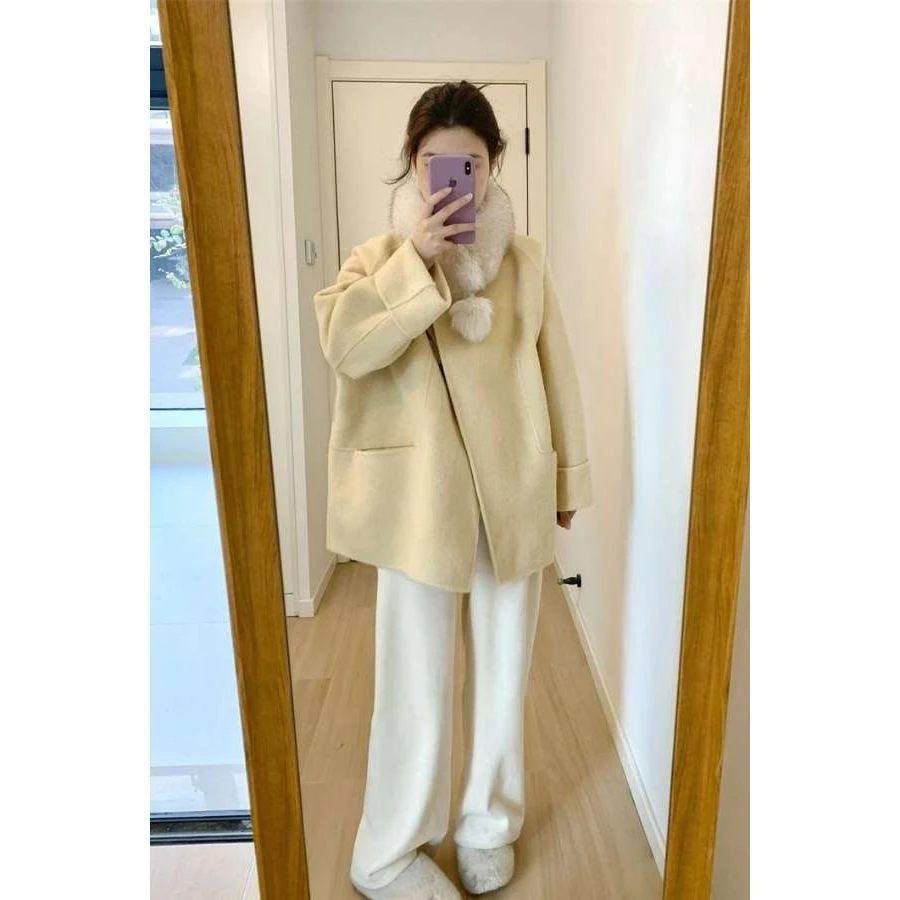 毛呢外套女2025新款韩系气质宽松小个子短款毛呢大衣羊羔绒马甲