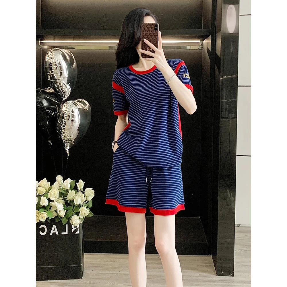 蓝色条纹休闲短裤运动套装女夏季显瘦高级感撞色短袖薄款两件套装