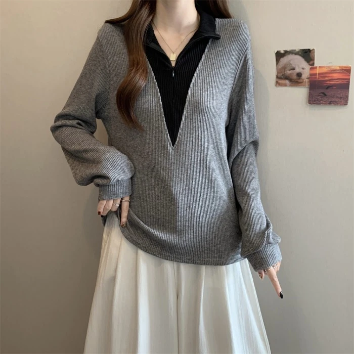 大码遮肚子半拉链毛衣针织衫女显瘦胖mm秋冬假两件撞色长袖打底衫