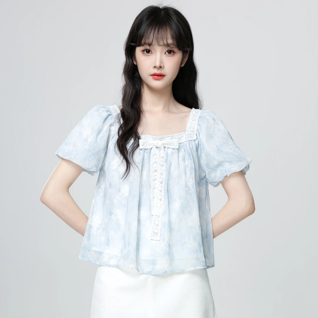法式蝴蝶结短袖衬衫女夏2025夏季新款方领泡泡袖娃娃衫衬衣短上衣