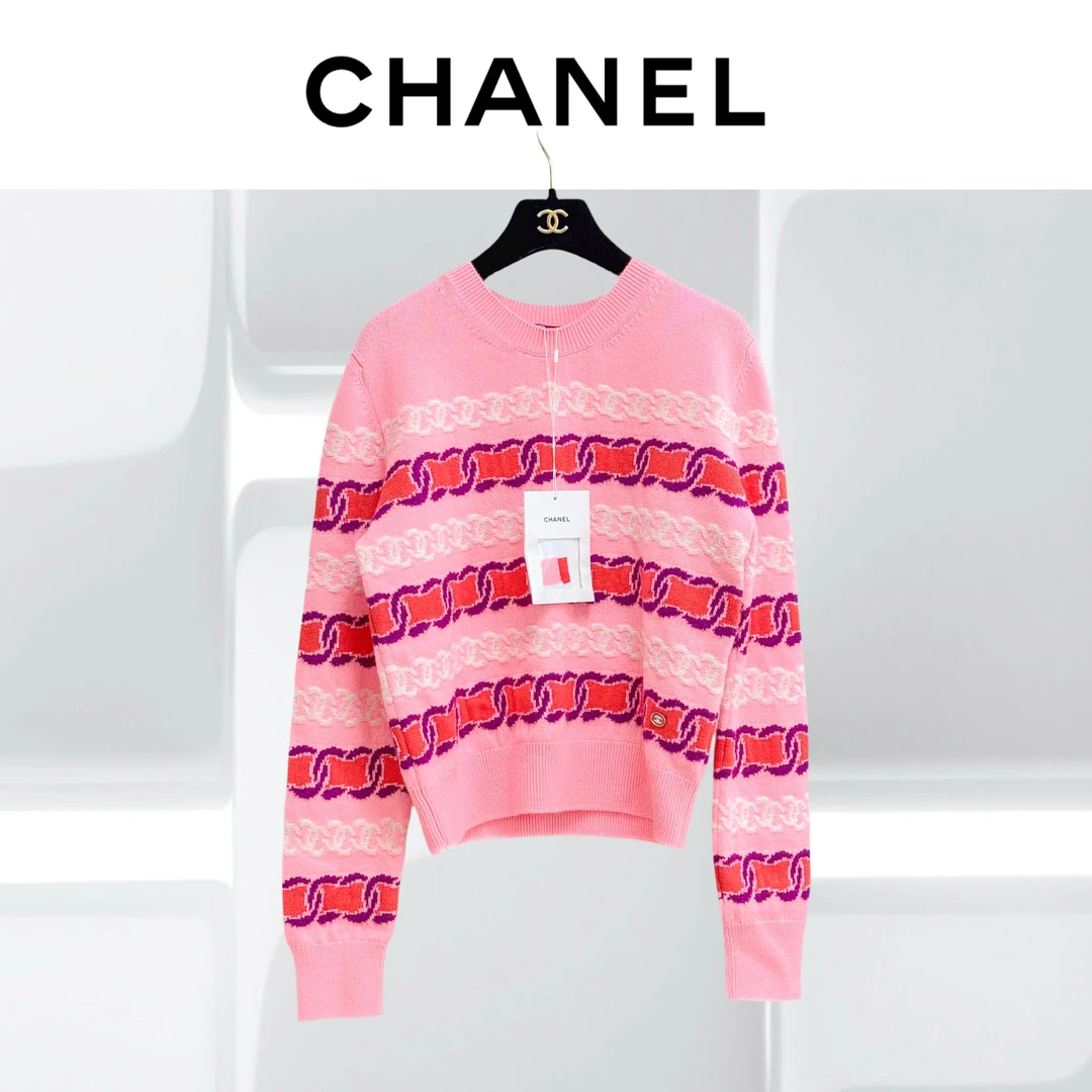 99新 Chanel/香奈儿 Chanel 23B 38码粉色双C条纹圆领针织上衣