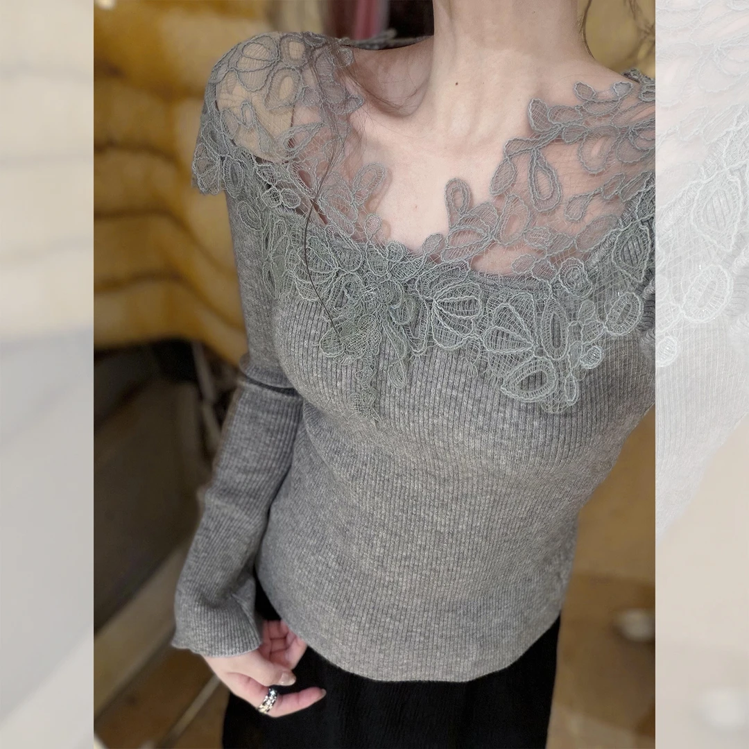法式蕾丝拼接针织打底衫女秋冬新款V领修身显瘦毛衣气质内搭上衣