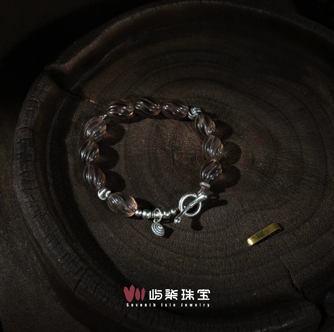 B1303 水晶银925镶嵌 茶晶桶条纹珠珠银配手链