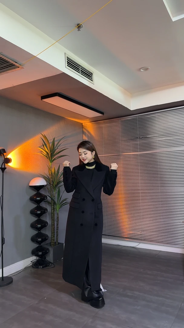 「特惠爆款」22166收腰加厚羊毛大衣外套（黑色中长款秋冬显瘦时尚）