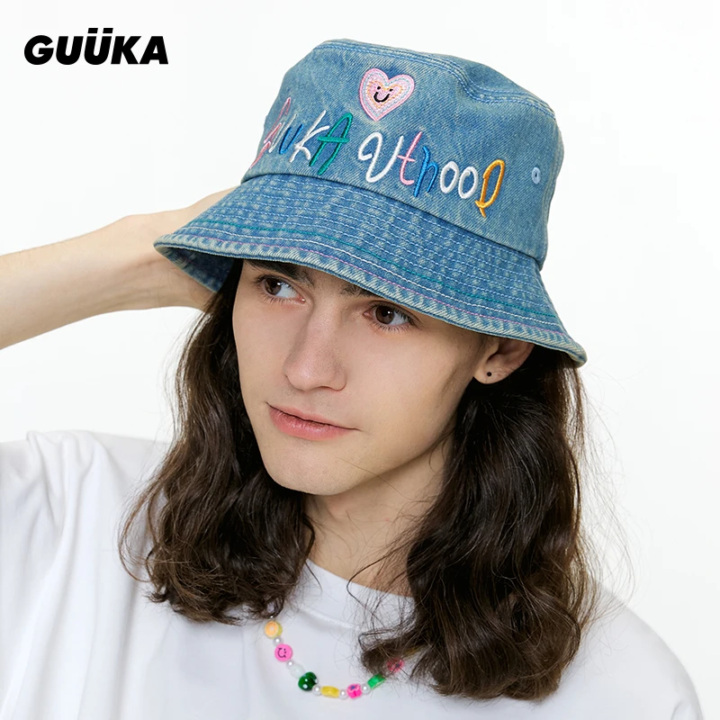 Guuka/古由卡潮牌美式复古牛仔渔夫帽男 爱心字母刺绣盆帽R7682