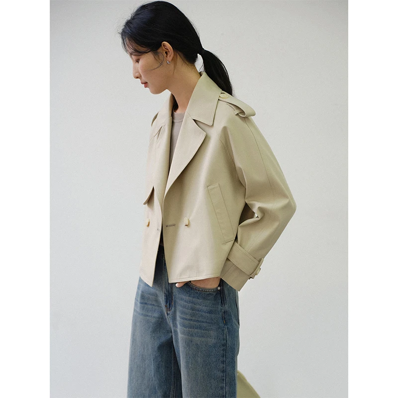 年终大促【1543】设计感百搭短款上衣小个子简约时尚卡其色风衣