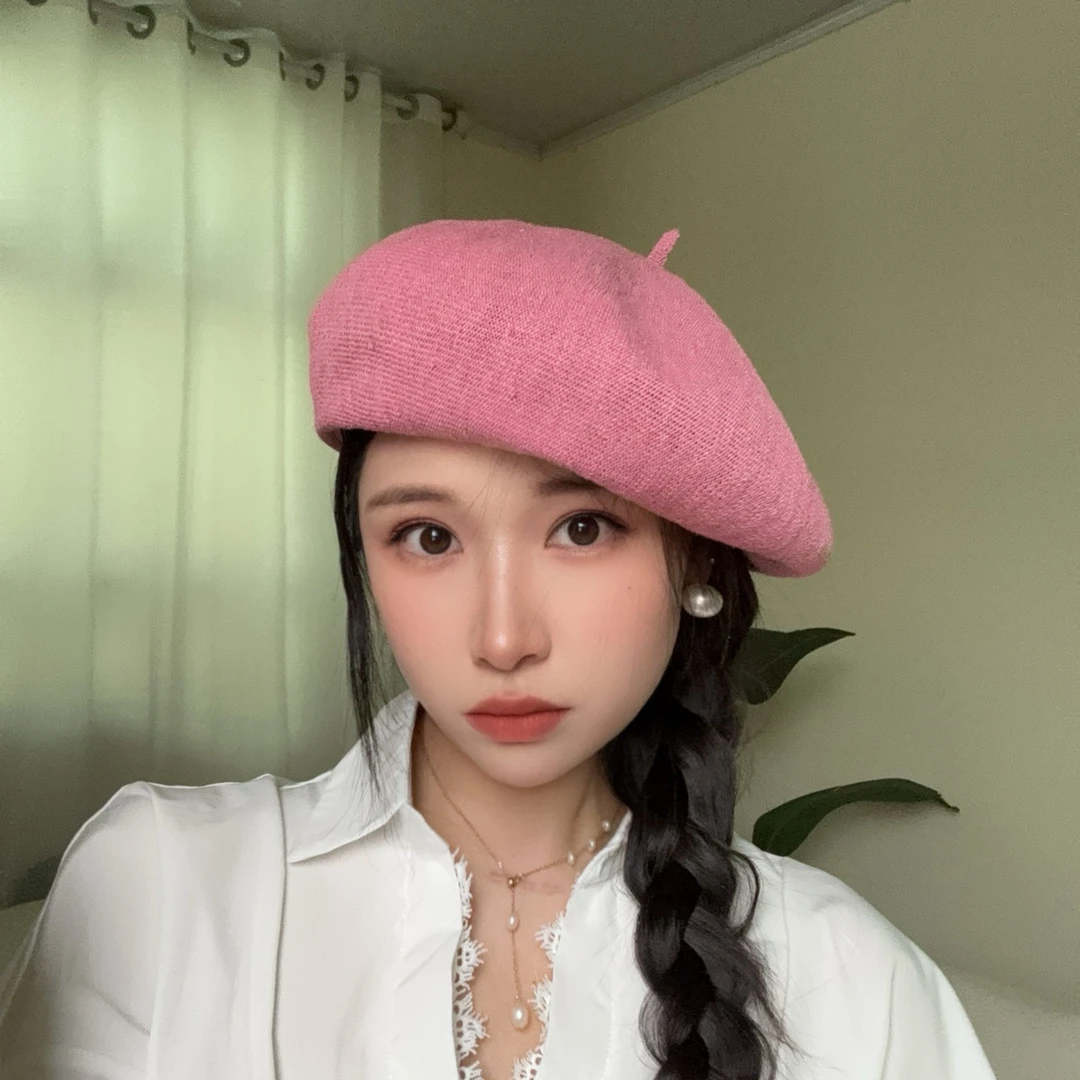 春日黯然~新款显白透气春夏贝雷帽亚麻画家帽显脸小圆脸大头帽子