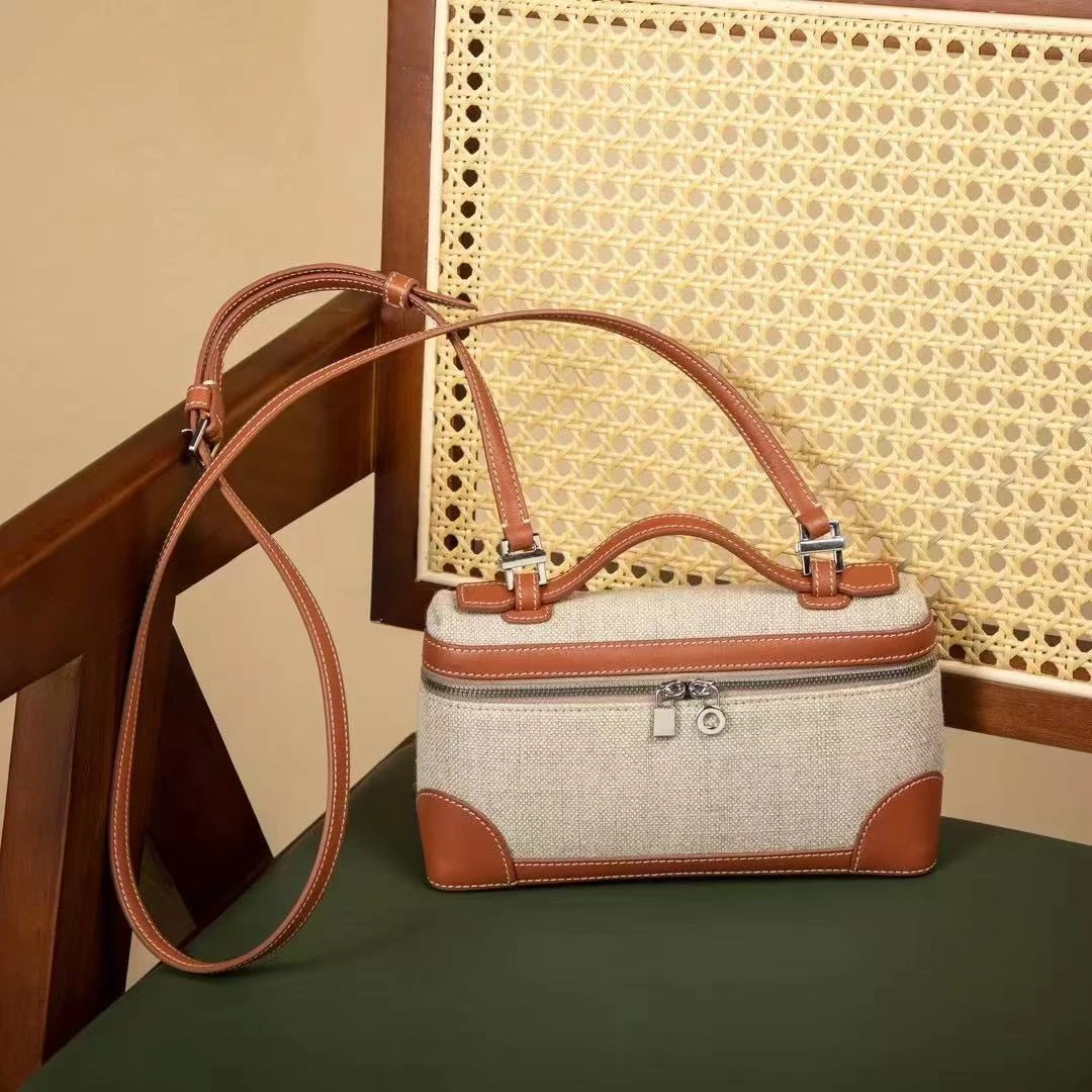 （L- P19）饭盒包进口原牛皮配苎麻 内里羊皮钢五金女款 手拿斜挎包