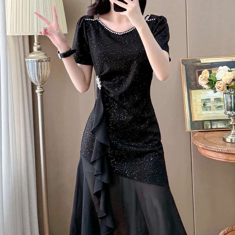 洋气轻奢雪纺拼接连衣裙2025夏季大码时尚收腰显瘦裙子