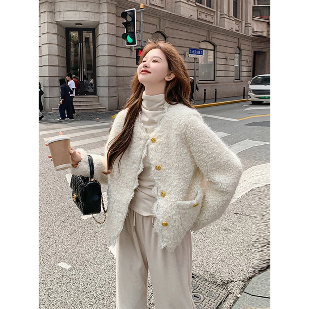 小香风羊羔外套女秋冬新款2025软糯高级感蕾丝花边百搭短款上衣