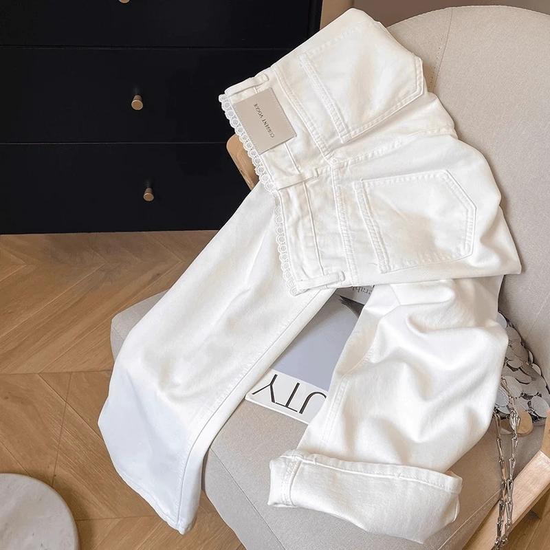 2025春季新款白色蕾丝边高腰牛仔裤女春夏显瘦窄版阔腿裤子潮