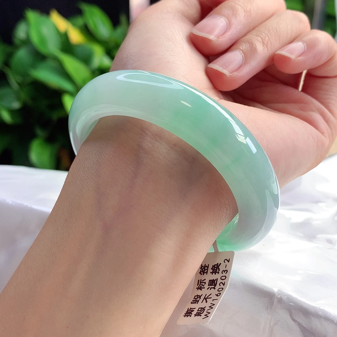 未镶嵌手镯翡翠53-54圈口冰胶晴底飘金丝绿厚装饱满14号