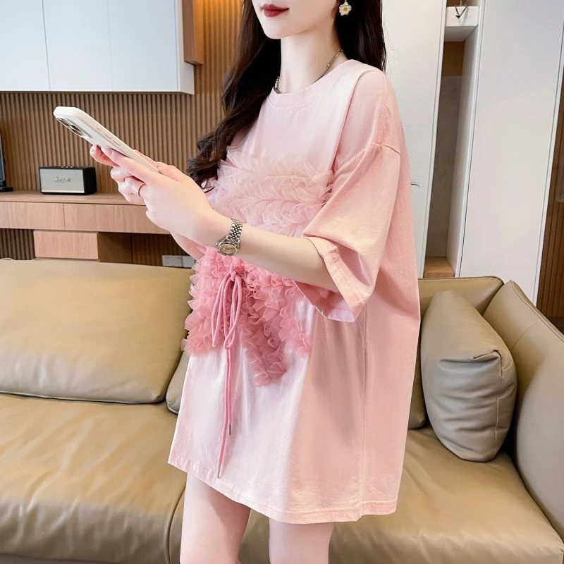 设计感网纱拼接立体蝴蝶结短袖T恤女夏ins宽松显瘦遮屁股别致上衣