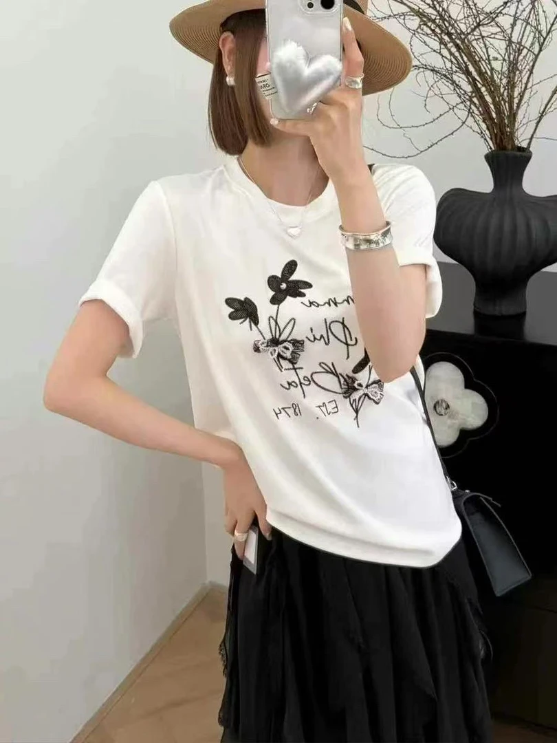 胖妹妹大码夏韩版时尚百搭设计感蝴蝶结刺绣短袖宽松显瘦上衣小衫