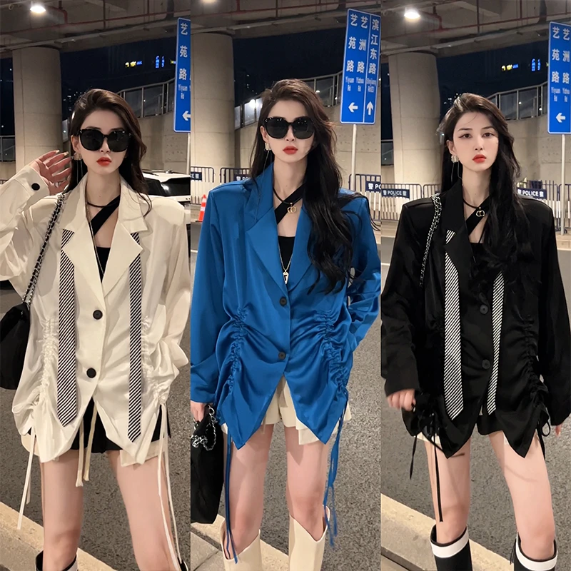 2025秋季韩版高级显气质衬衫小众设计百搭抽绳长袖衬衣 W0214