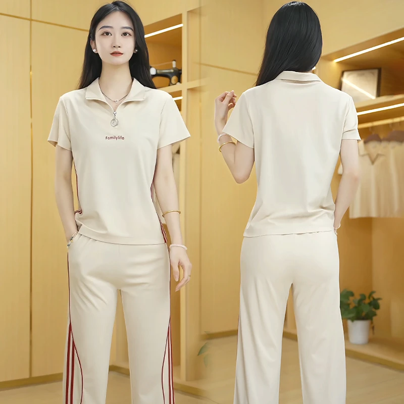 半拉链运动套装女士夏季2025新款洋气妈妈夏装时尚休闲短袖两件套