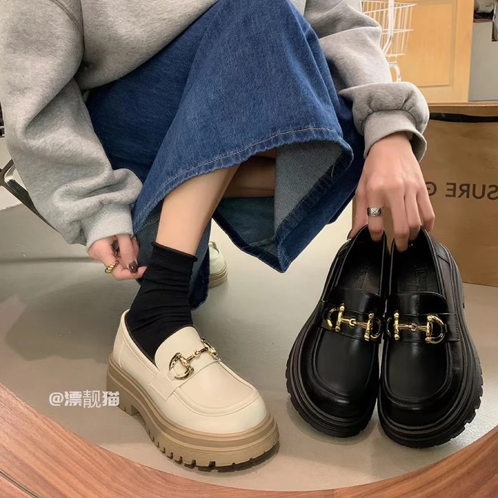 1130 气质乐福鞋女新款粗跟厚底一脚蹬英伦风小皮鞋小香风单鞋