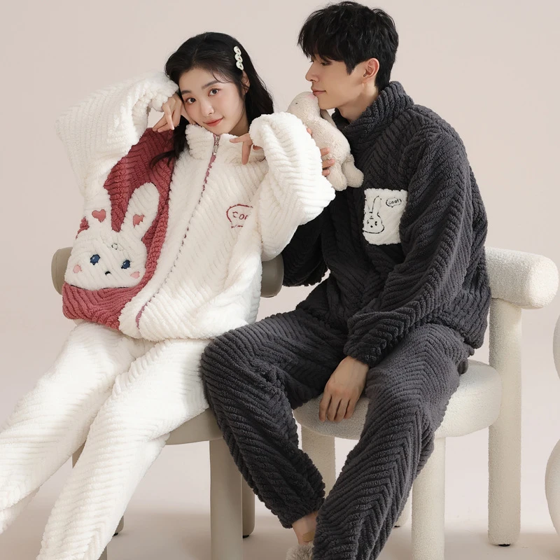 直销珊瑚绒睡衣冬季情侣秋冬款男士加绒加厚保暖家居服套装女