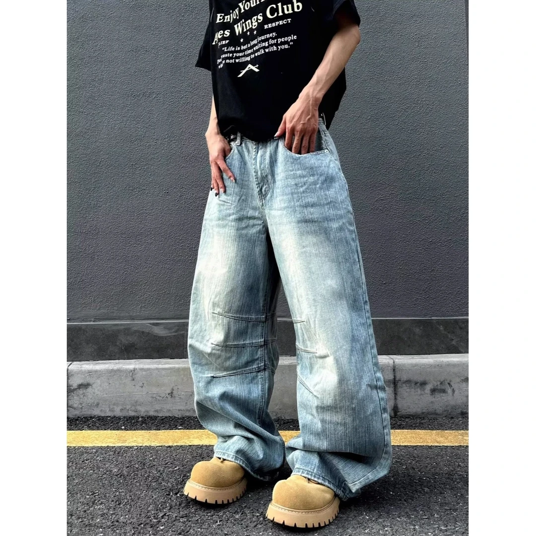 浅蓝色牛仔裤男女夏季薄款潮牌美式复古做旧高街直筒水洗长裤子潮