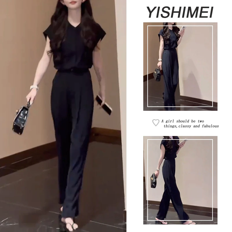 2025年夏季时尚穿搭一整套韩系纯色短袖上衣高腰休闲裤两件套装