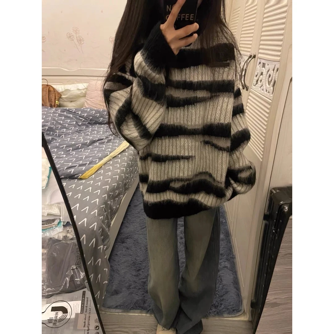 撞色条纹慵懒风软糯复古毛衣针织衫女装秋冬新款宽松显瘦加厚上衣