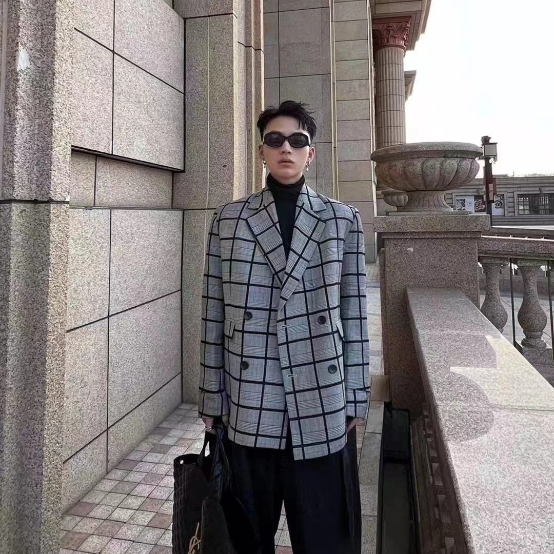 INVSON巴黎街头定制面料秋冬新款格纹双袖宽松高级西装69202