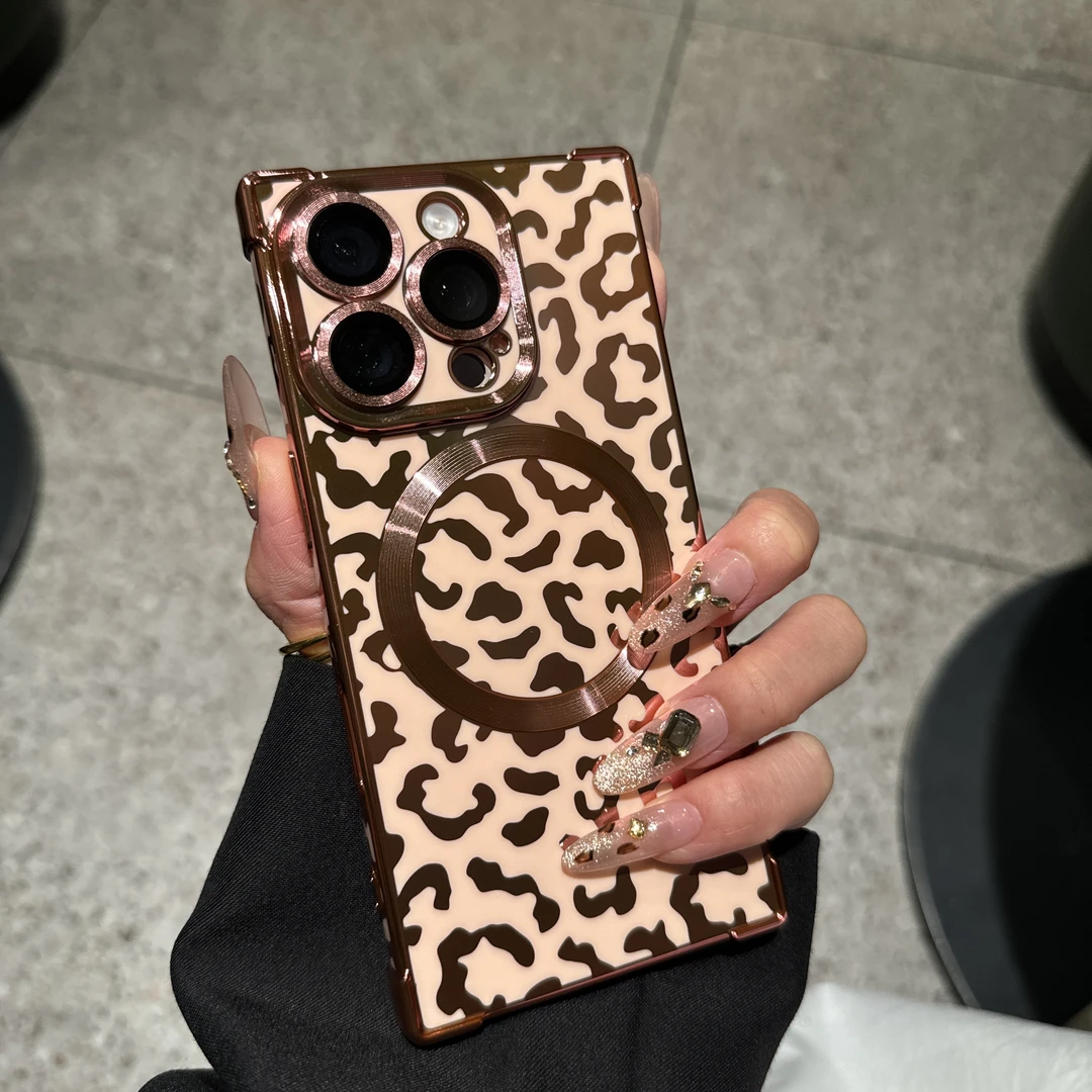 豹纹电镀直角手机壳适用16promax手机壳iPhone15磁吸14时尚13女款