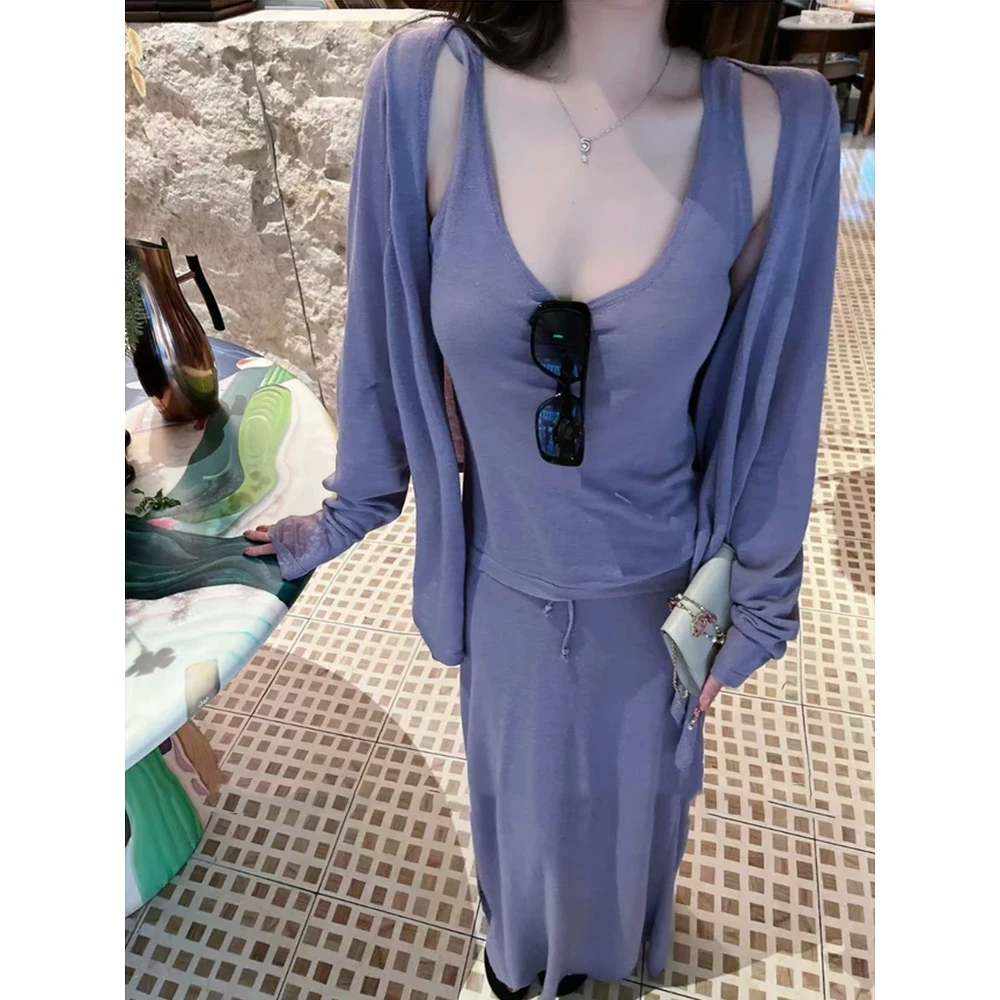 洋气衣服女夏季慵懒风长袖防晒针织开衫+吊带背心+半身裙三件套装