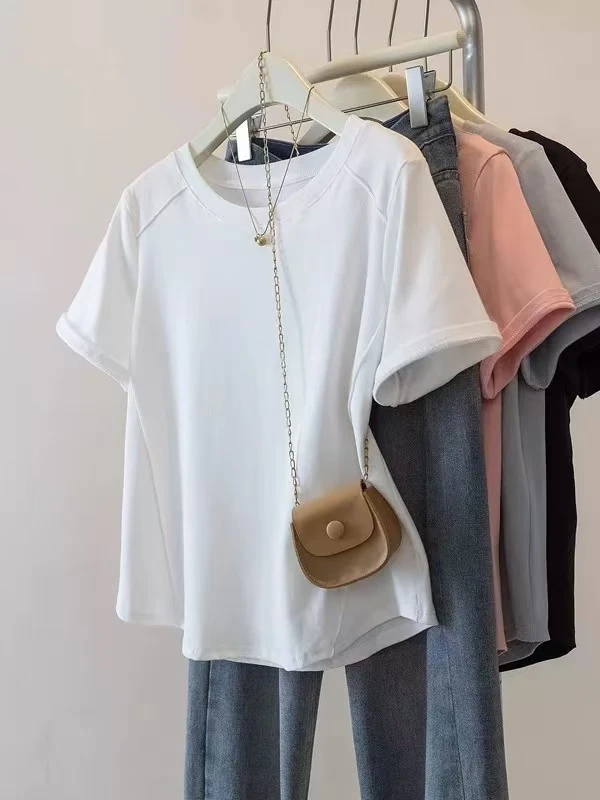 大码女装2025夏季新款设计感胖妹妹百搭显瘦鱼骨短袖上衣T恤#3008